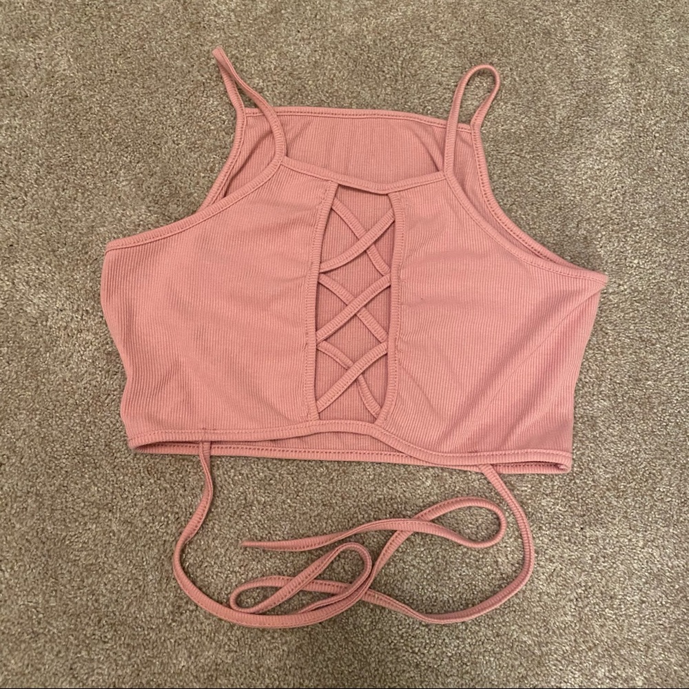 SHEIN pink criss cross crop top